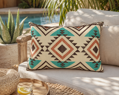 Rust and teal Aztec diamond outdoor pillow in the lumbar size on a daybed with cacti
