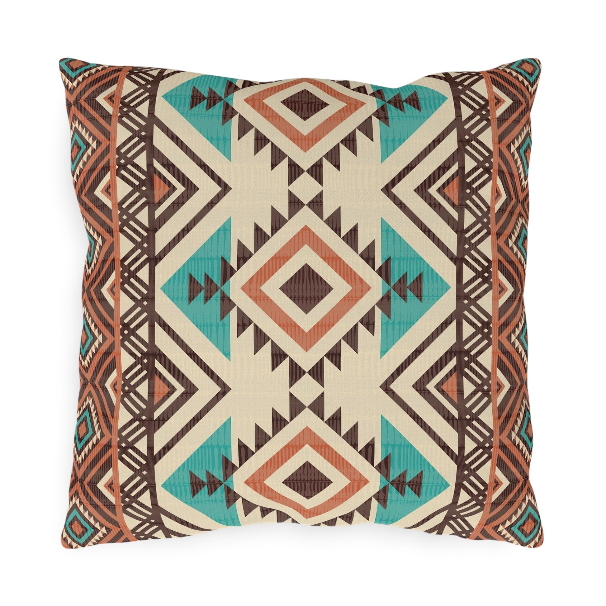 Rust and teal Aztec diamond outdoor pillow in cream with turquoise and rust diamonds, front view