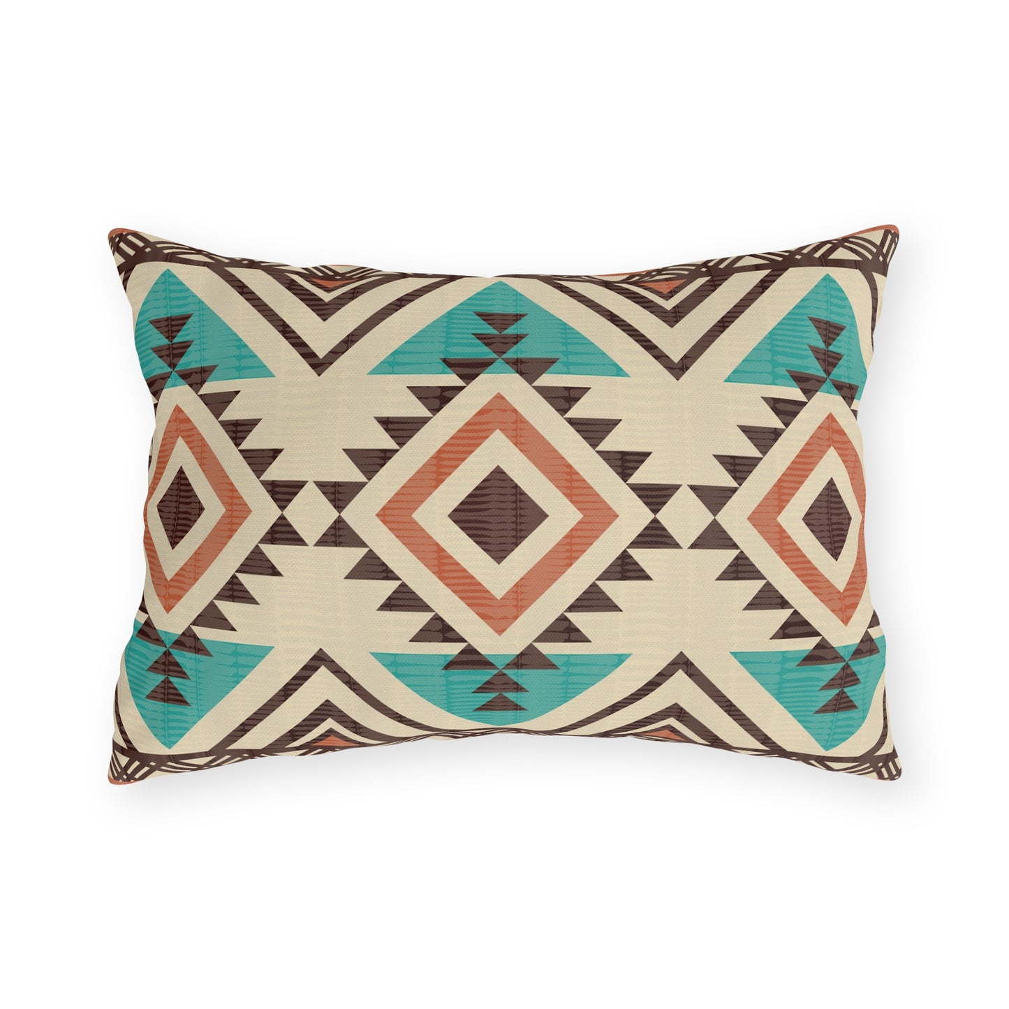 Rust and teal Aztec diamond outdoor pillow in the rectangular lumbar size, front view