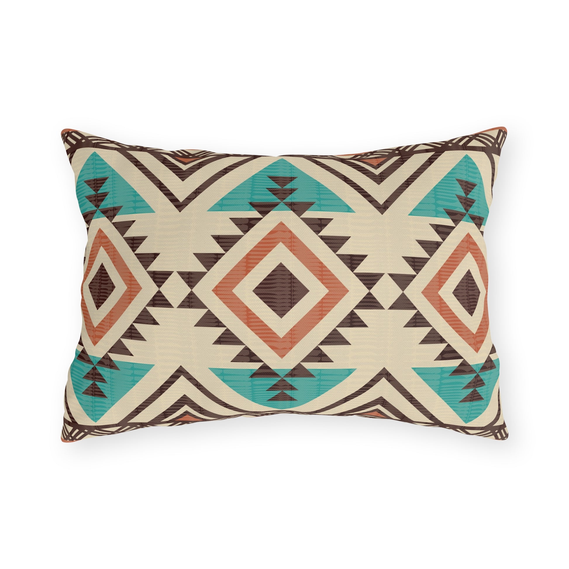 Rust and teal Aztec diamond outdoor pillow in the rectangular lumbar size, front view