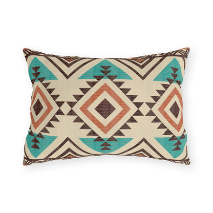 Rust and teal Aztec diamond outdoor pillow in the rectangular lumbar size, front view