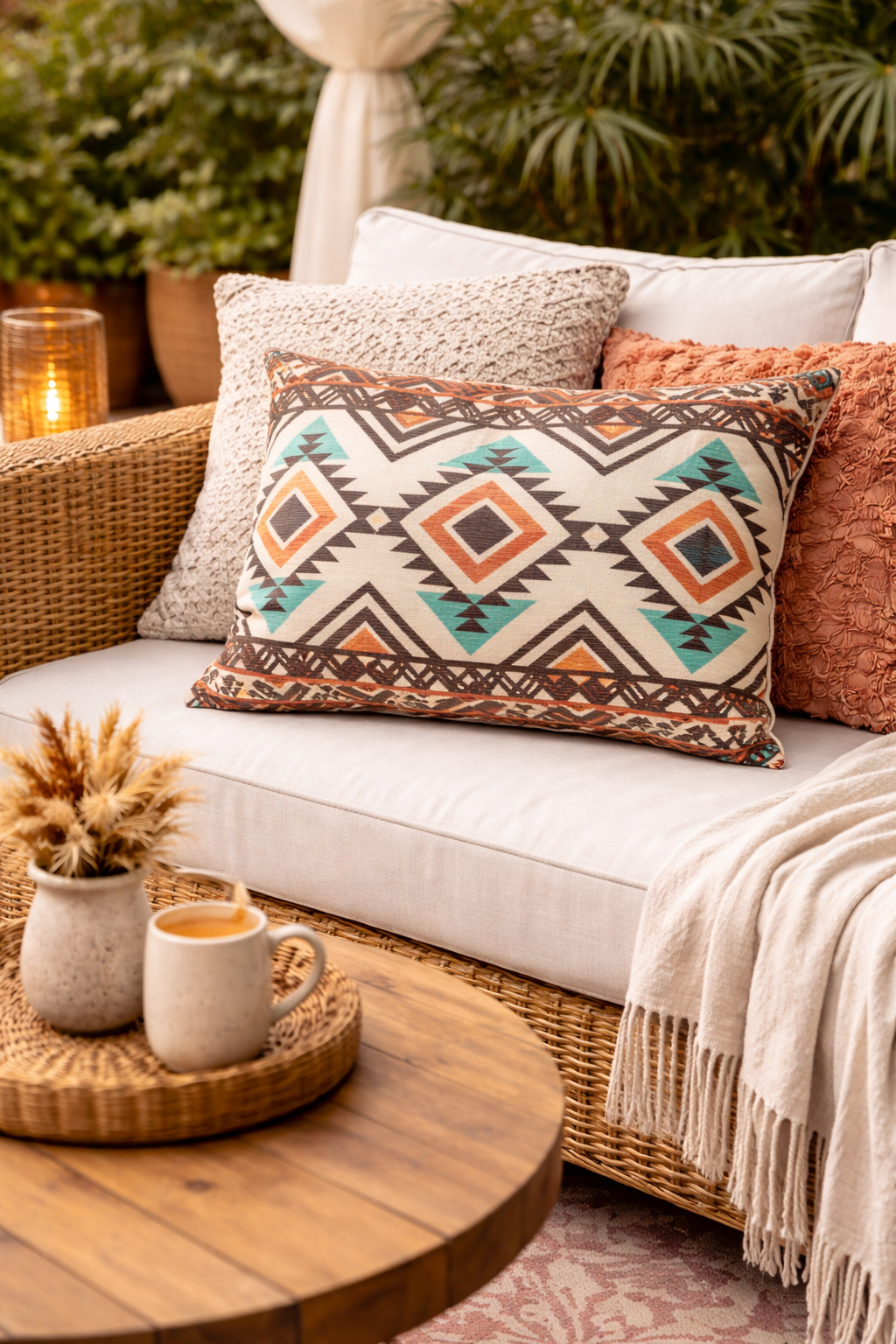 Rust and teal Aztec diamond outdoor pillow on a cream patio sofa with a rust cushion and a wooden table