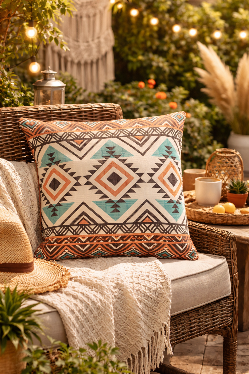 Rust and teal Aztec diamond outdoor pillow on a rattan patio chair with string lights and a cream throw