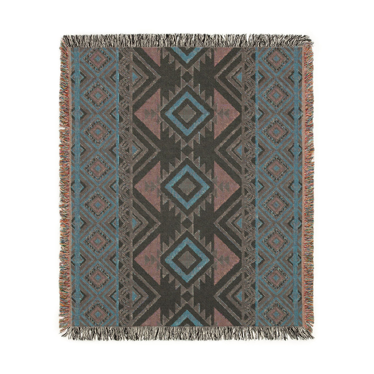 Reverse side of the rust and teal Aztec diamond woven blanket in muted teal and grey