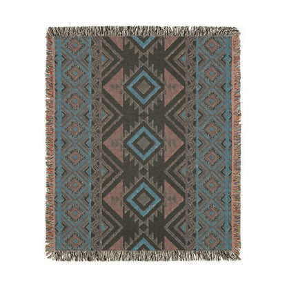 Reverse side of the rust and teal Aztec diamond woven blanket in muted teal and grey