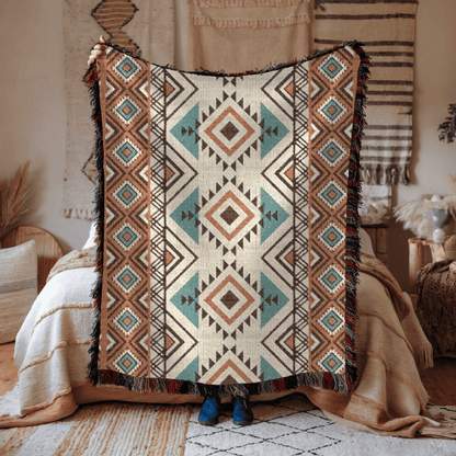 Rust and teal Aztec diamond woven blanket draped over a bed with a rattan headboard in a warm bedroom