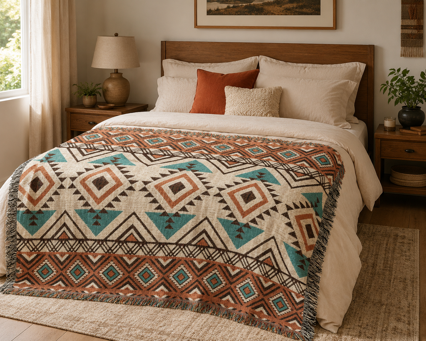 Rust and teal Aztec diamond woven blanket folded across the foot of a bed with cream linens