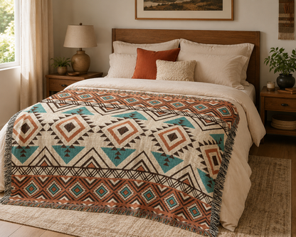 Rust and teal Aztec diamond woven blanket folded across the foot of a bed with cream linens