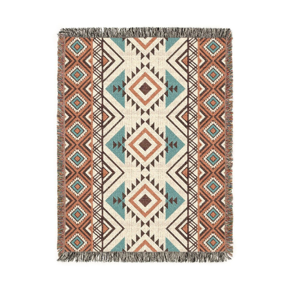 Rust and teal Aztec diamond woven blanket with concentric diamonds in navy, rust and cream, shown flat