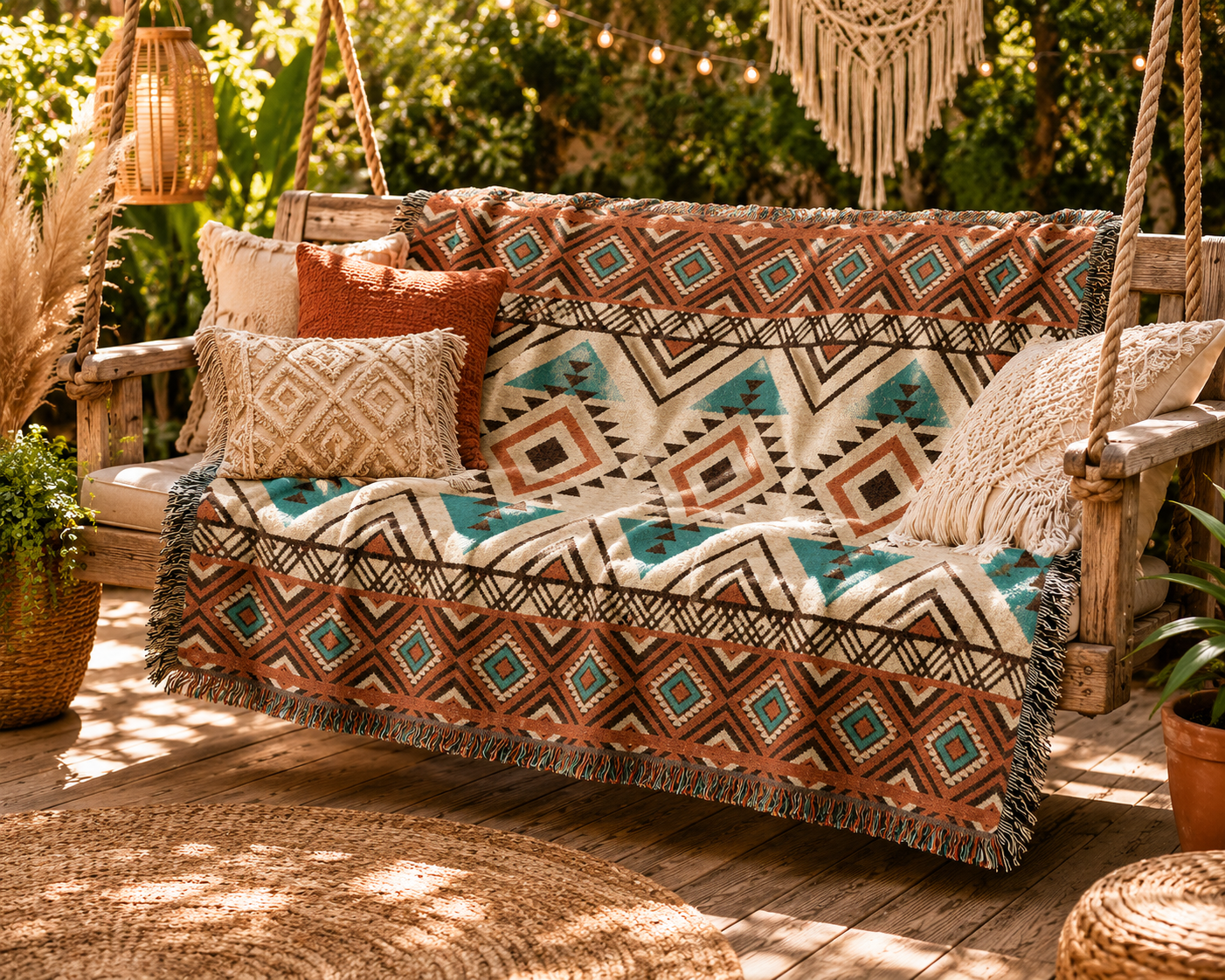 Rust and teal Aztec diamond woven blanket on an outdoor daybed with matching cushions under greenery