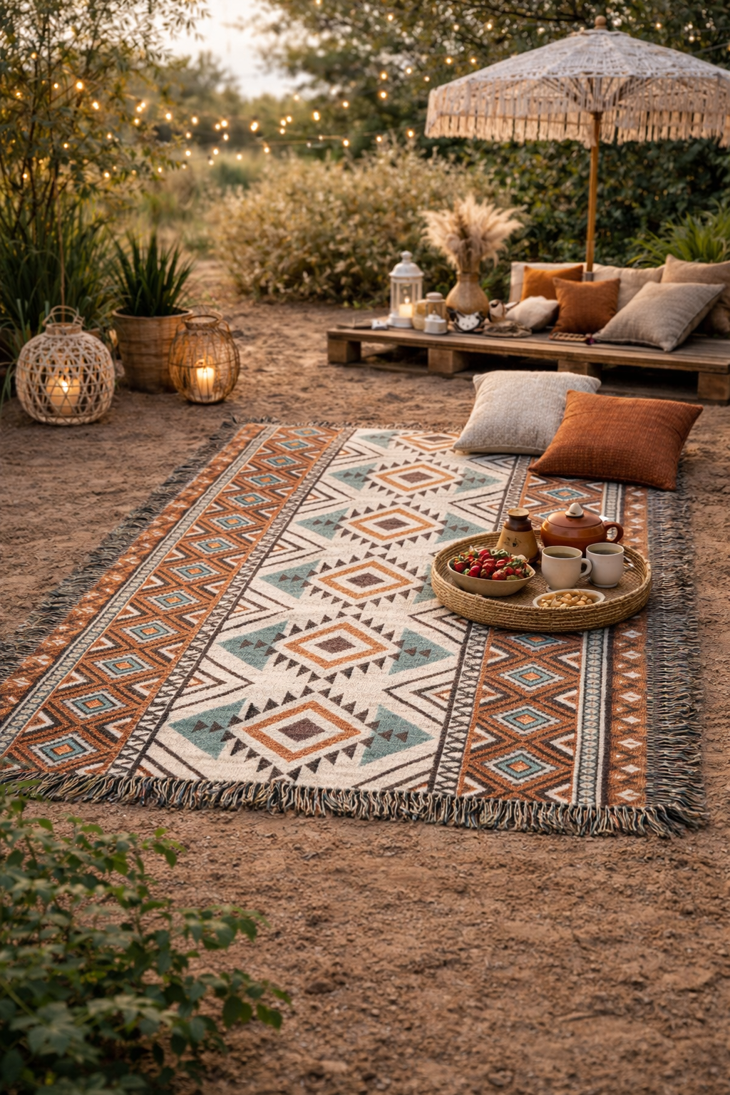 Rust and teal Aztec diamond woven blanket spread on the ground for a picnic on a terrace with a parasol