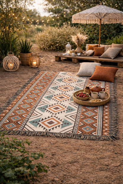Rust and teal Aztec diamond woven blanket spread on the ground for a picnic on a terrace with a parasol