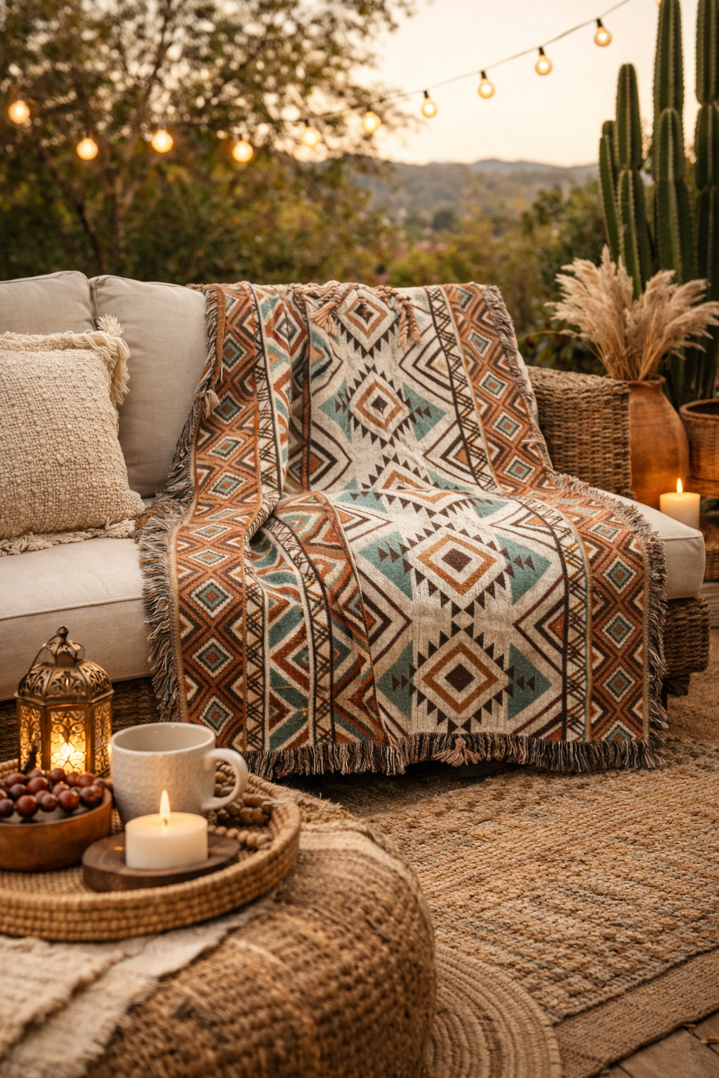 Rust and teal Aztec diamond woven blanket over a chair on a terrace at dusk with candles and floor cushions