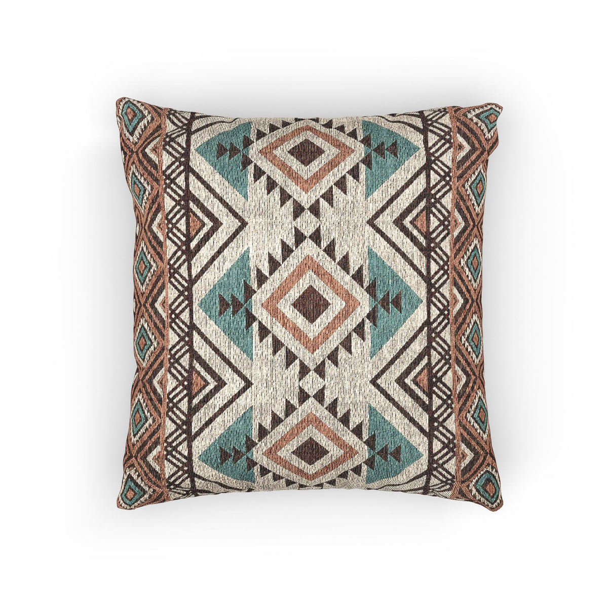 Rust and teal Aztec diamond woven pillow, back view