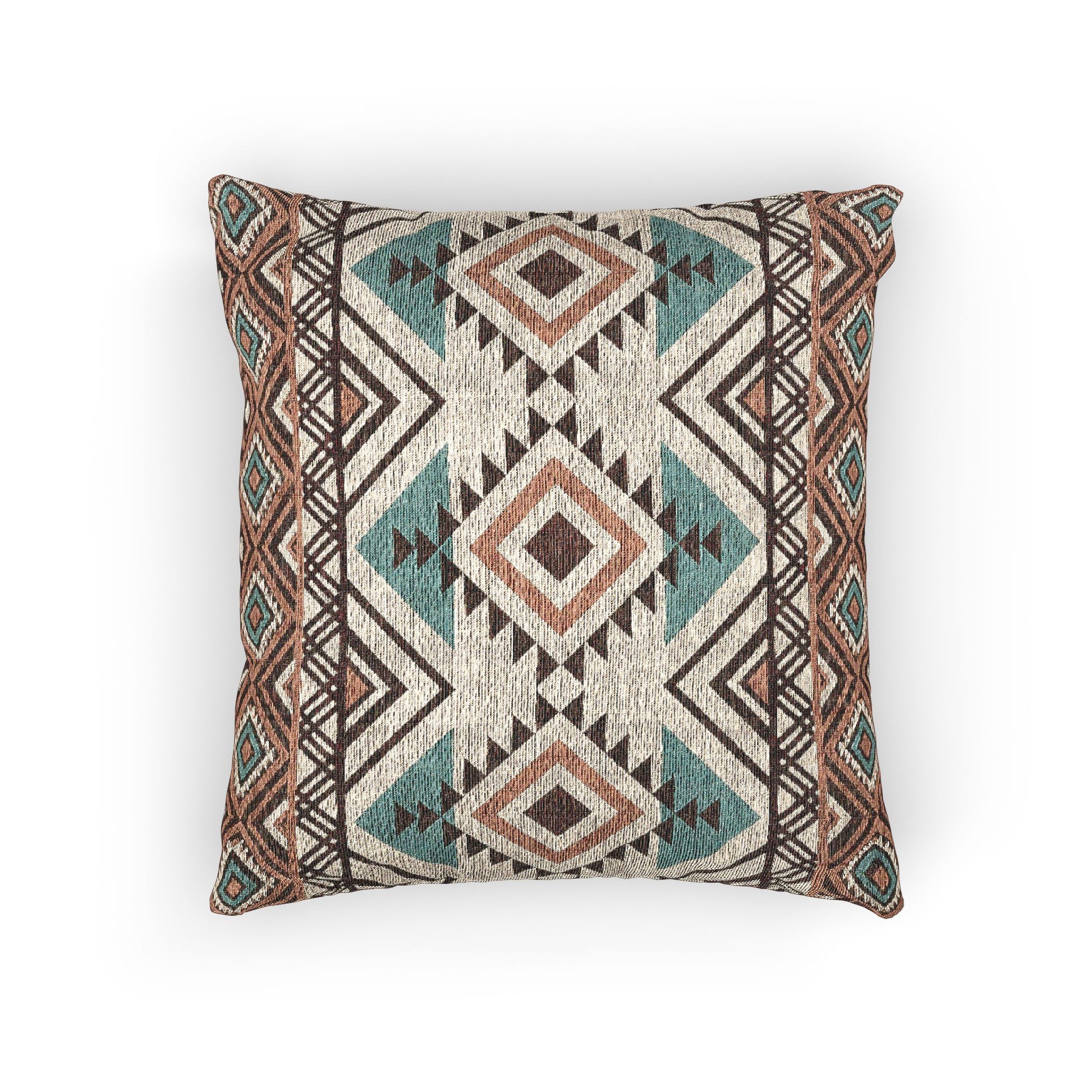 Rust and teal Aztec diamond woven pillow, back view