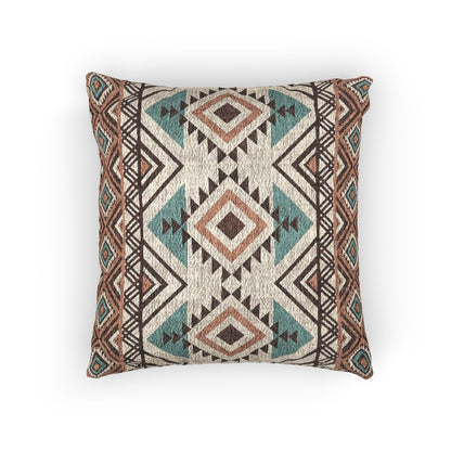 Rust and teal Aztec diamond woven pillow, back view