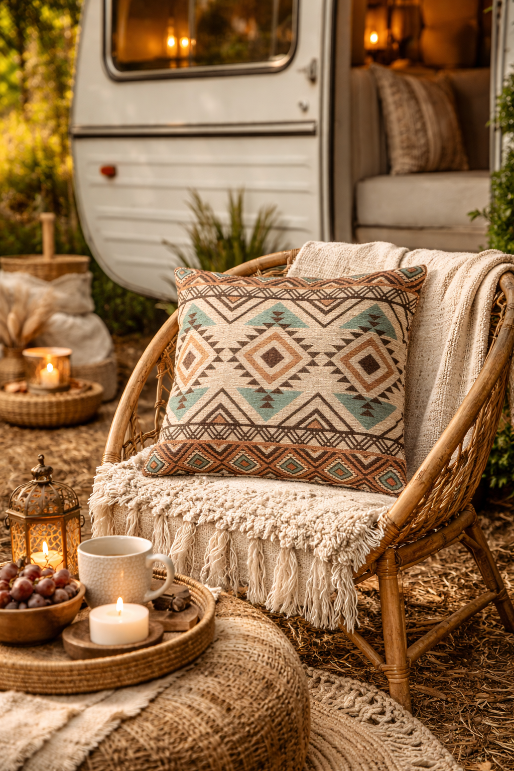 Rust and teal Aztec diamond woven pillow on a rattan chair beside a camper van with warm string lights
