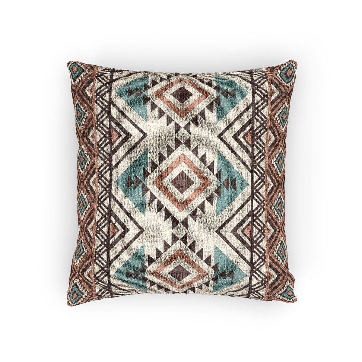 Rust and teal Aztec diamond woven pillow in cream with rust, teal and charcoal diamond bands, front view