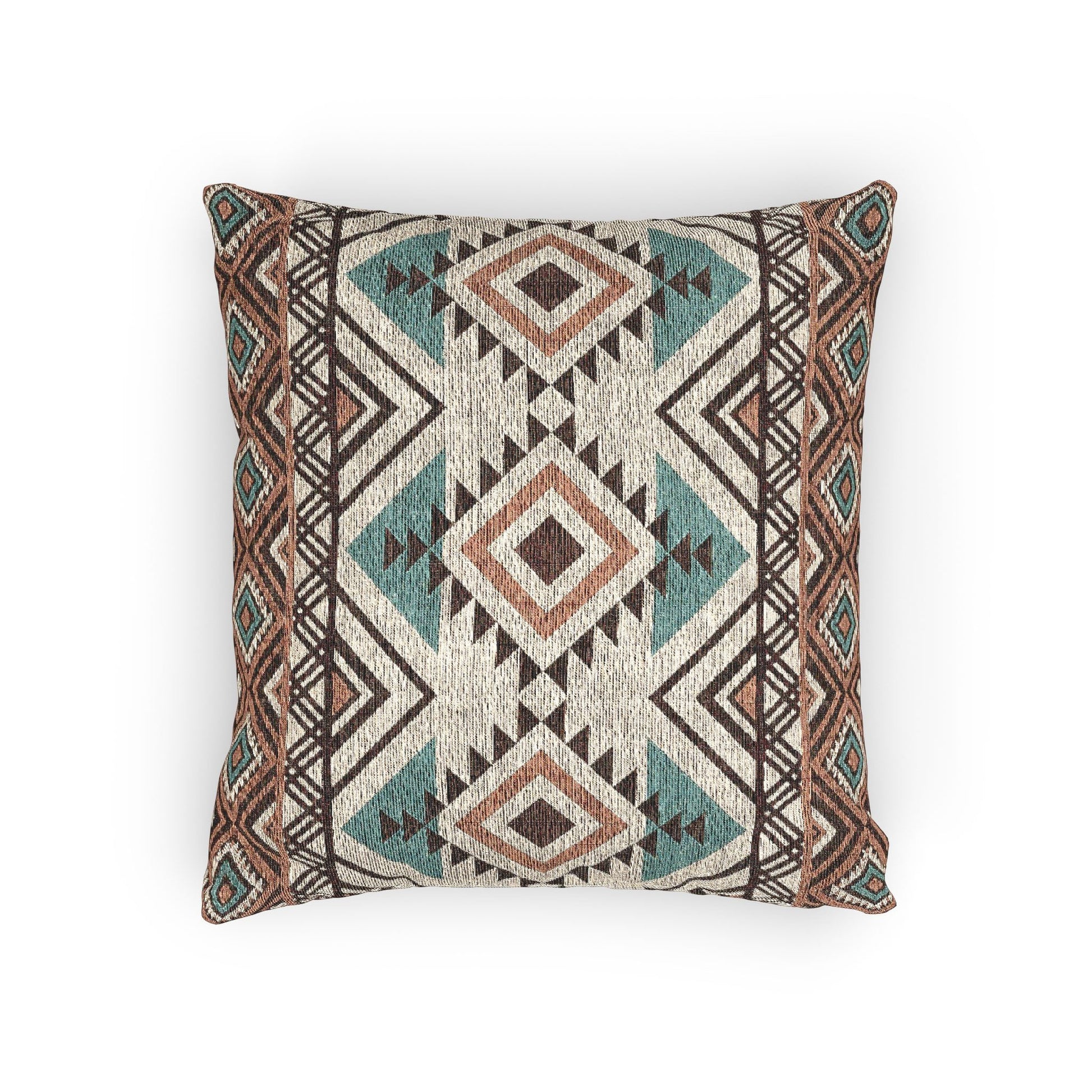 Rust and teal Aztec diamond woven pillow in cream with rust, teal and charcoal diamond bands, front view