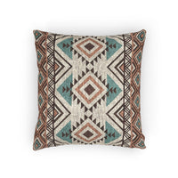 Rust and teal Aztec diamond woven pillow in cream with rust, teal and charcoal diamond bands, front view