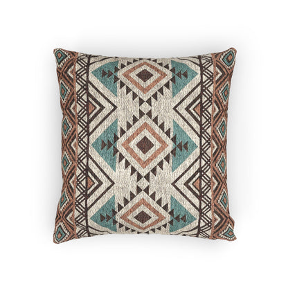 Rust and teal Aztec diamond woven pillow in cream with rust, teal and charcoal diamond bands, front view