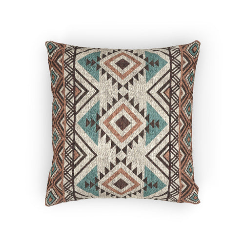 Rust and teal Aztec diamond woven pillow in cream with rust, teal and charcoal diamond bands, front view