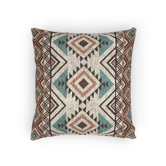Rust and teal Aztec diamond woven pillow in cream with rust, teal and charcoal diamond bands, front view