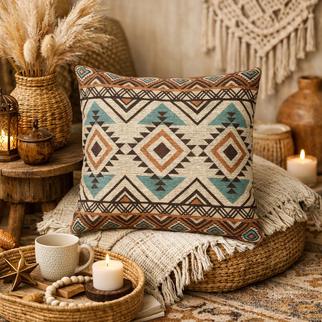 Rust and teal Aztec diamond woven pillow on a rattan pouf with macrame, candles and a cream throw