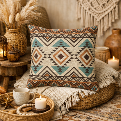 Rust and teal Aztec diamond woven pillow on a rattan pouf with macrame, candles and a cream throw