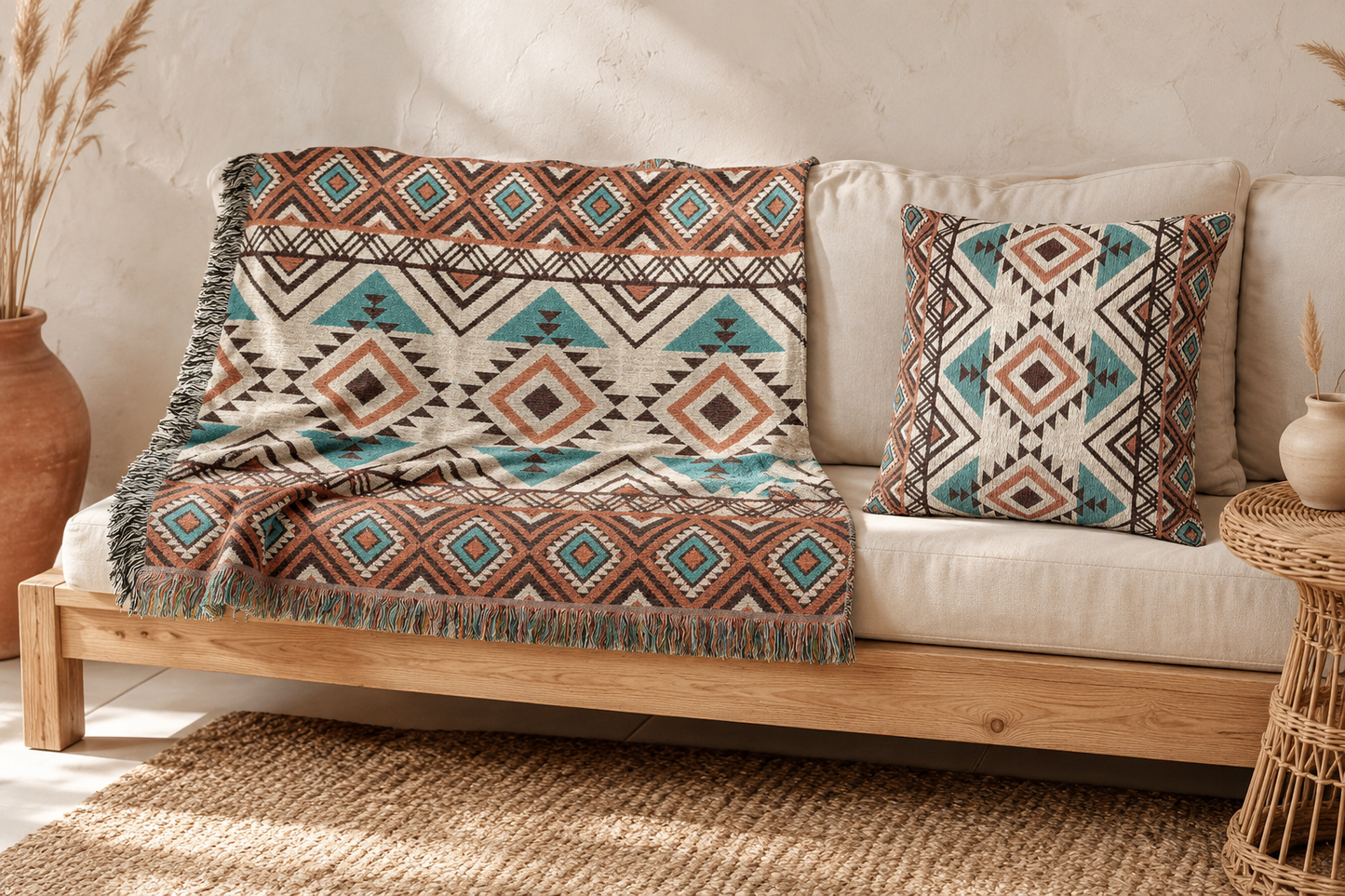 Rust and teal Aztec diamond woven pillow on a wooden sofa with the matching Rust and teal Aztec diamond woven blanket