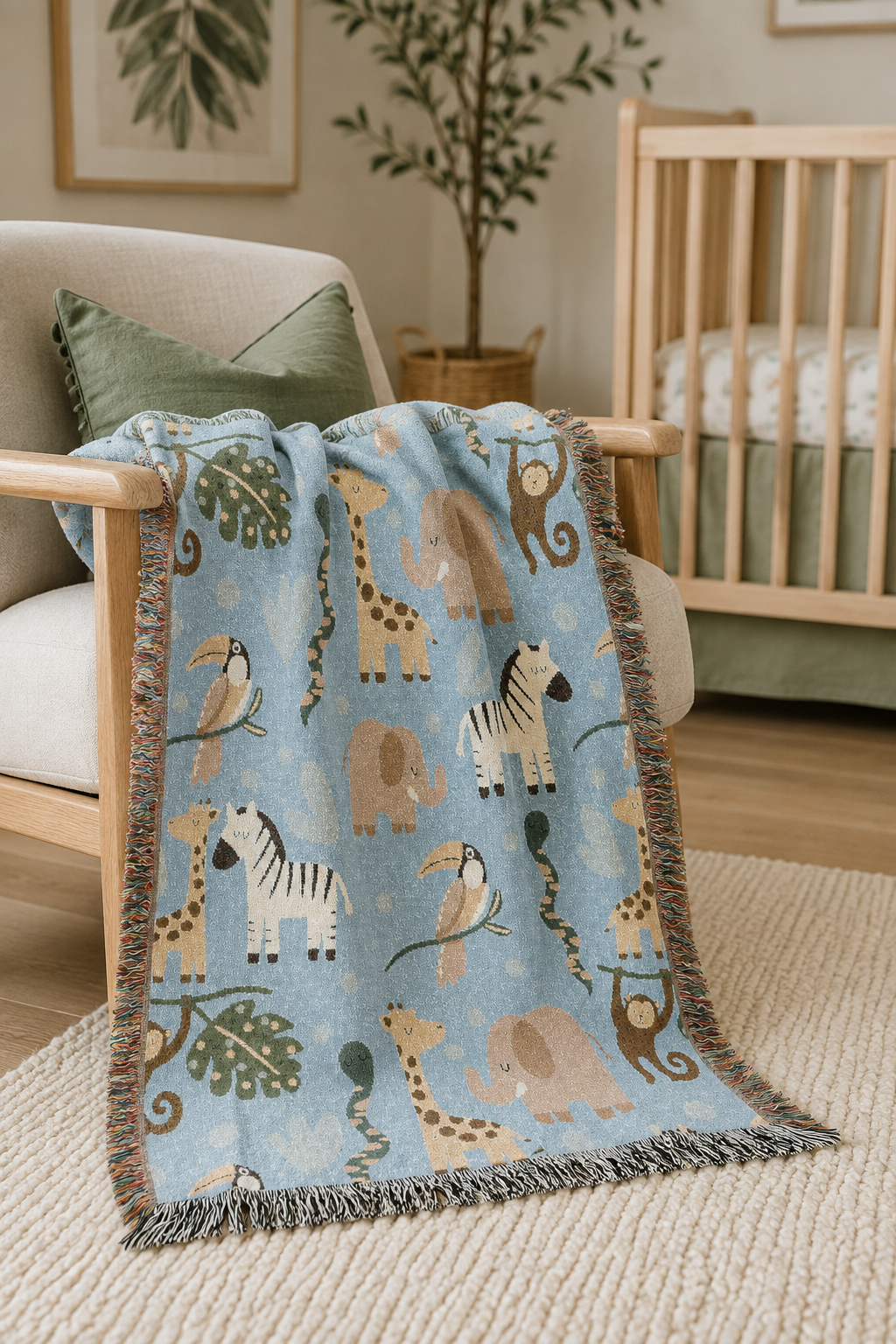 Safari animals woven baby blanket over a cream armchair with a plant behind