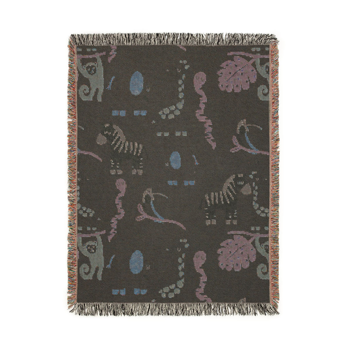 Reverse side of the safari animals woven baby blanket in dark charcoal