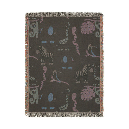 Reverse side of the safari animals woven baby blanket in dark charcoal