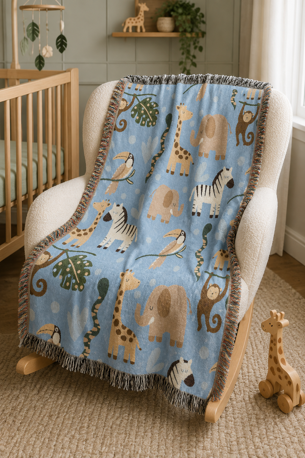 Safari animals woven baby blanket over a nursery chair beside a crib