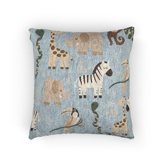 Safari animals woven pillow with elephants, giraffes, a zebra, a monkey and toucans on a soft blue background