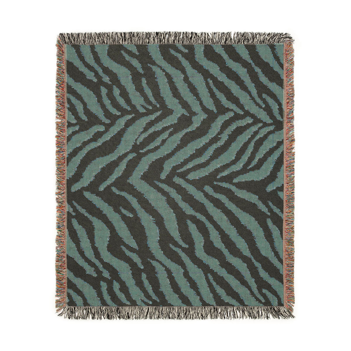Reverse side of the Safari woven blanket in deep teal with cream stripes