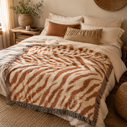 Safari woven blanket across a bed with cream linens and a rattan headboard
