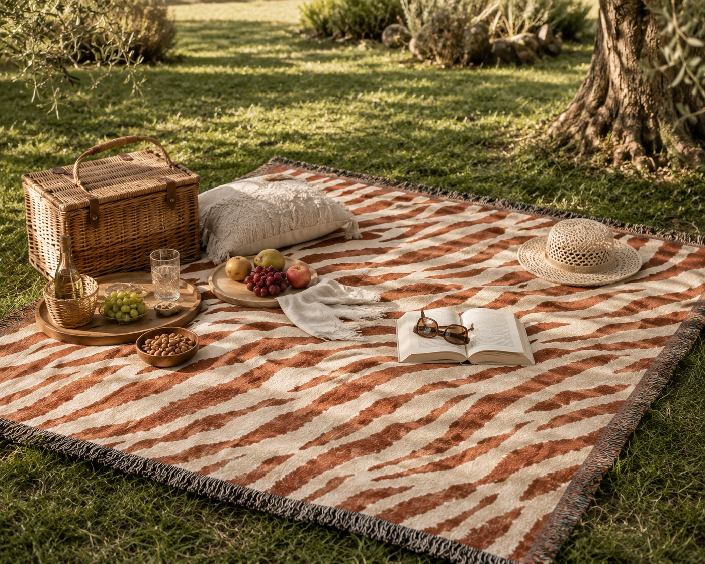 Safari woven blanket spread on the grass for a picnic with cushions, a basket and a sun hat