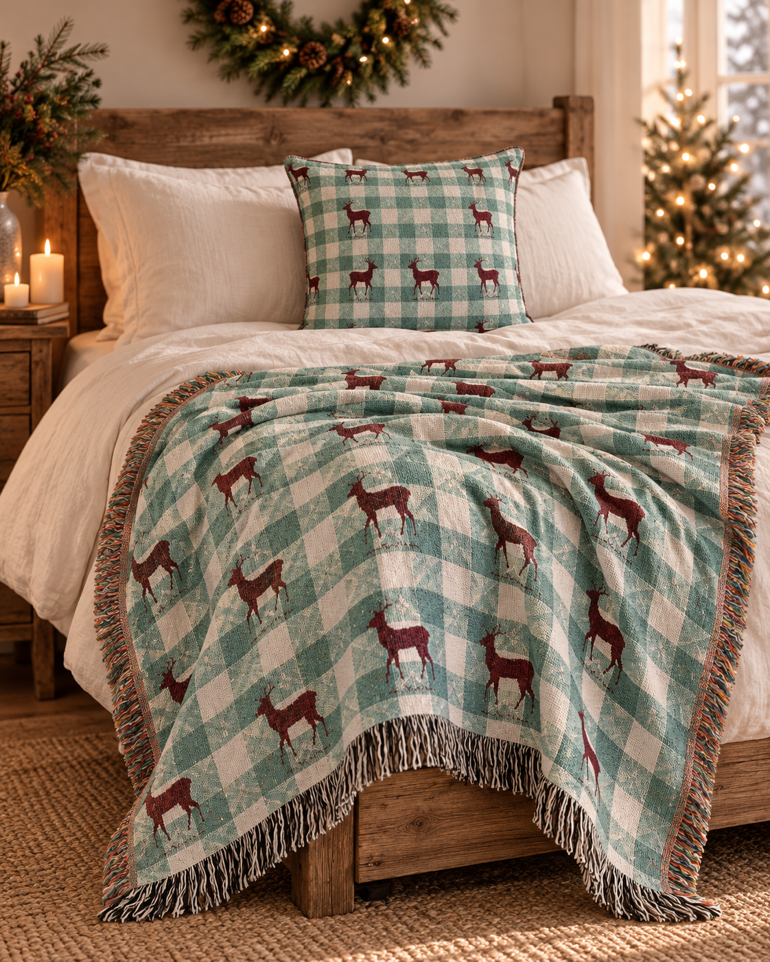 Sage gingham deer woven blanket styled on a bed with a matching pillow
