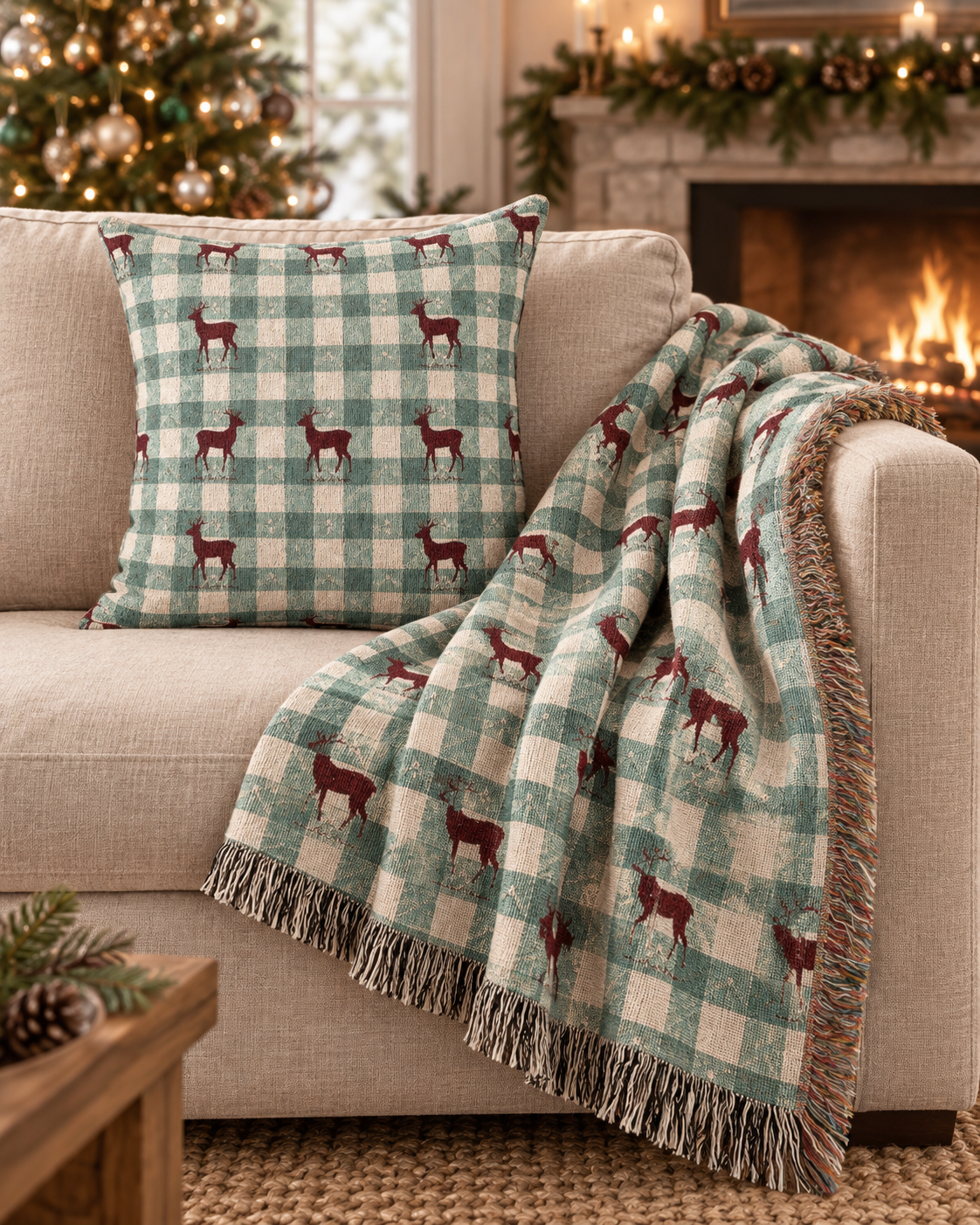 Sage gingham deer woven blanket and matching pillow styled together on a couch