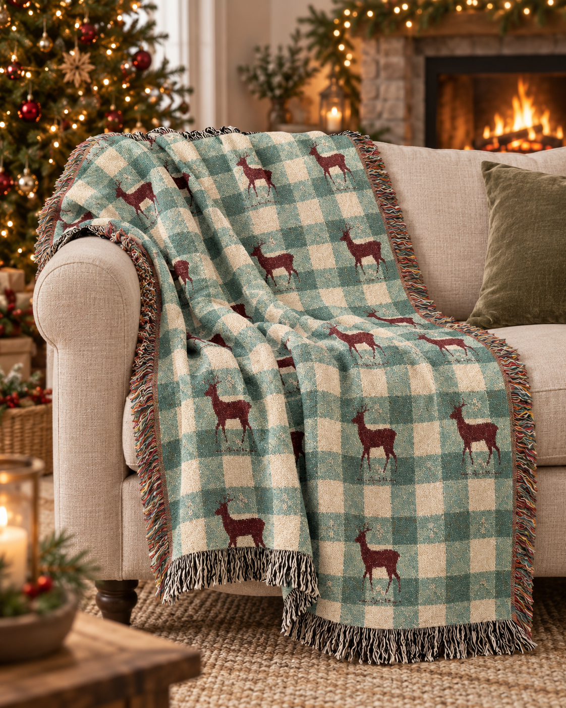 Sage gingham deer woven blanket draped over an armchair in a cozy, warmly lit living room