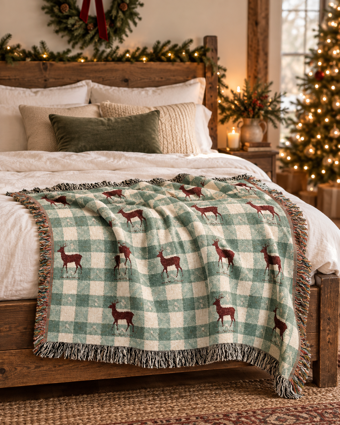 Sage gingham deer woven blanket styled on a bed in a cozy bedroom