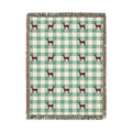 Sage gingham deer woven blanket featuring a maroon stag on a sage and cream check pattern with snowflakes