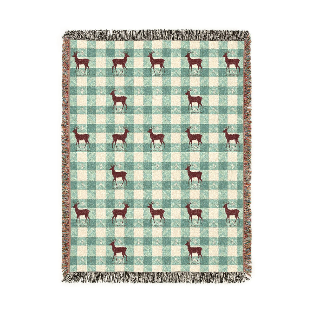 Sage gingham deer woven blanket featuring a maroon stag on a sage and cream check pattern with snowflakes