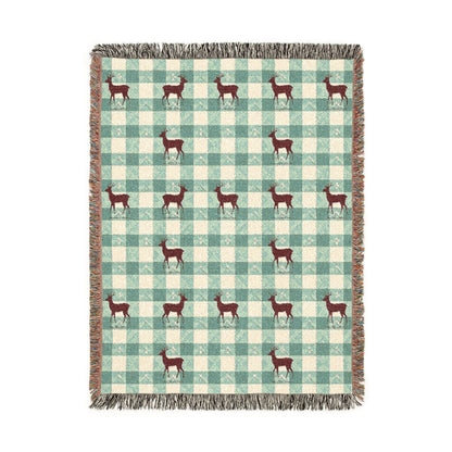Sage gingham deer woven blanket featuring a maroon stag on a sage and cream check pattern with snowflakes