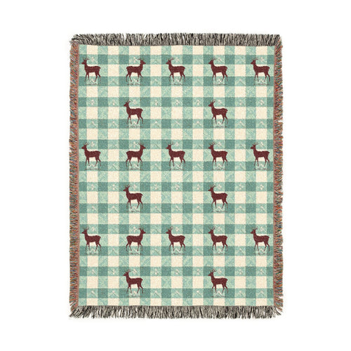 Sage gingham deer woven blanket featuring a maroon stag on a sage and cream check pattern with snowflakes