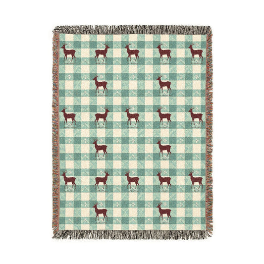 Sage gingham deer woven blanket featuring a maroon stag on a sage and cream check pattern with snowflakes