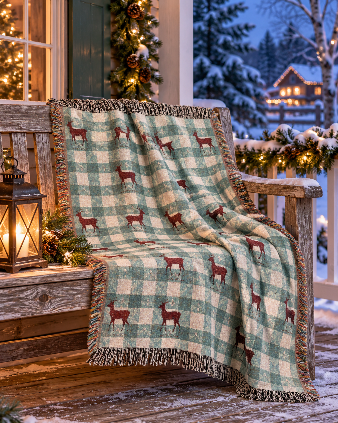 Sage gingham deer woven blanket styled by a window in a cozy lodge-style room