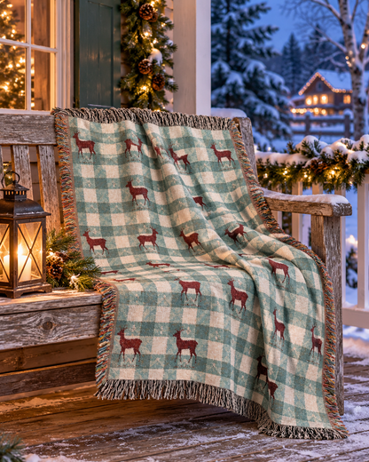 Sage gingham deer woven blanket styled by a window in a cozy lodge-style room