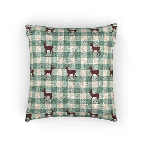 Sage gingham deer woven pillow featuring a maroon stag on a sage and cream check pattern